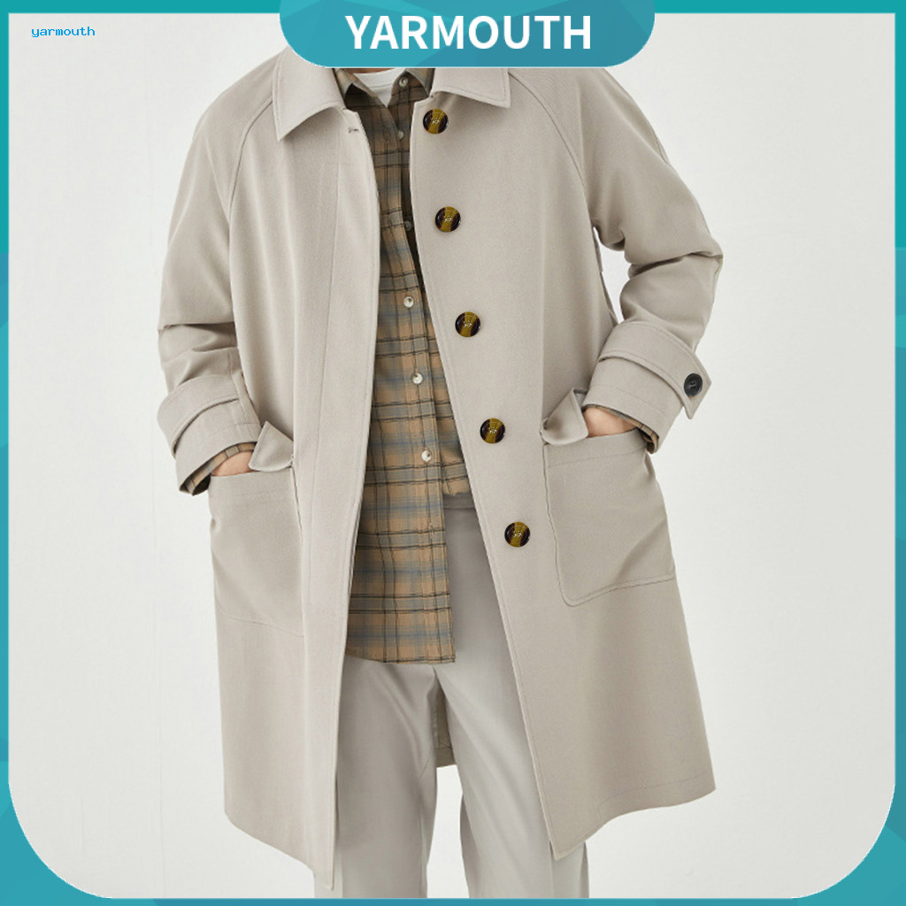 Men Casual Coat Retro Windbreaker Men's Jacket Lapel Long Sleeve Mid-length Autumn Winter Outwear Solid Color Loose Fit
