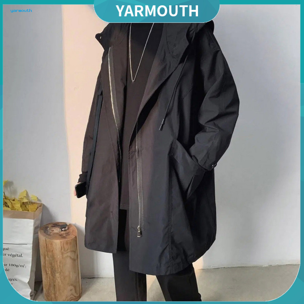 Men Windbreaker with Pockets Men's Lightweight Hooded Jacket Long Sleeve Zipper Trench Coat Solid Color Loose Fit Mid-le