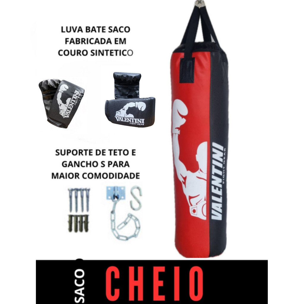 Saco de Pancada VALENTINI 120 COR cm CHEIO - Treino Boxe Muay Thai  + 2 PAR DE LUVA BATE SACO+ SUPORTE DE TETO