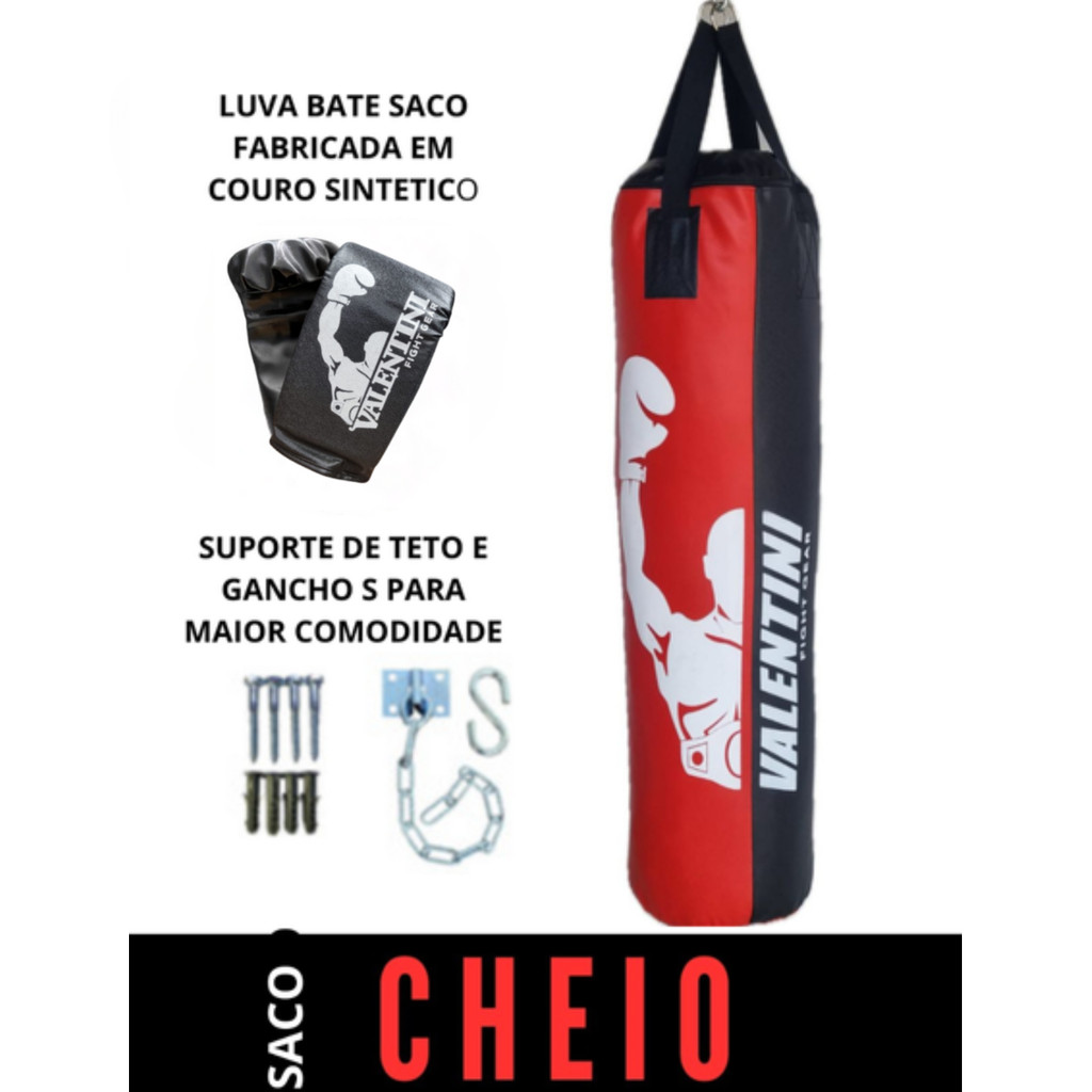 Saco de Pancada VALENTINI 120 COR cm CHEIO - Treino Boxe Muay Thai  + 1 PAR DE LUVA BATE SACO + SUPORTE DE TETO