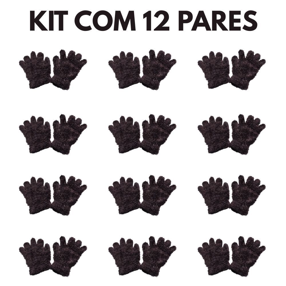 Kit com 12 Luvas de Pelinho Preto Pelúcia Infantil Tamanho Único Cores Sortidas Inverno Frio Aquece Térmica Presente