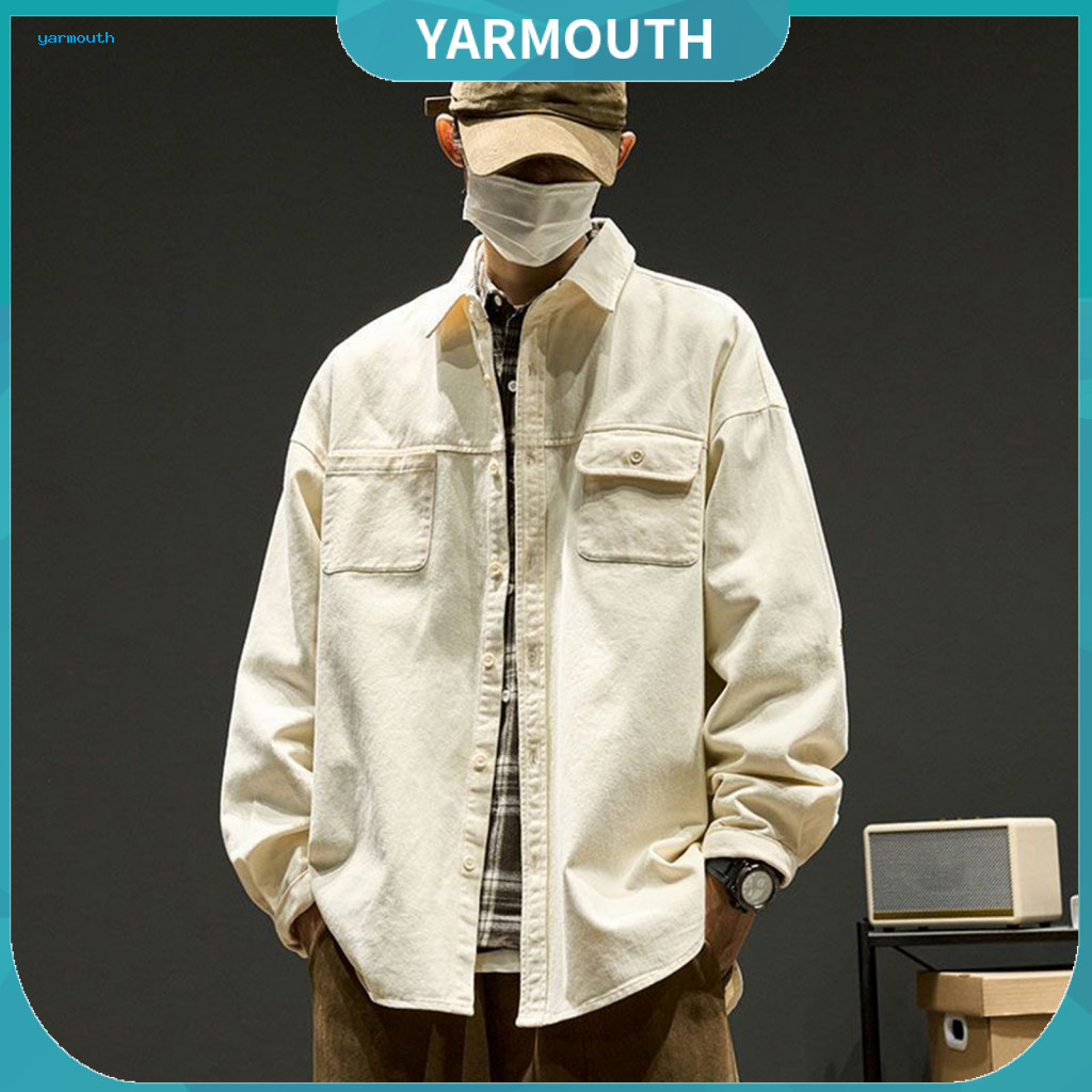 Men Solid Color Coat Versatile Overcoat Men's Casual Cargo Jacket Lapel Collar Long Sleeve Loose Fit with Flap Pockets a