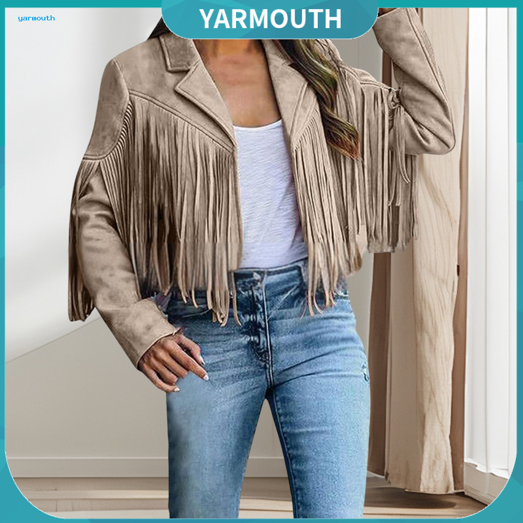Women Jacket with Tassels Hop Coat Women’s Long Sleeve Turn-down Collar Fringe Detail Solid Color Cardigan Loose Fit S