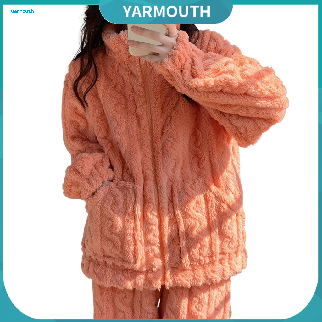 Women Winter Pajamas Plush 2 Pcs Unisex Set Thickened Coral Fleece Homewear Stand Collar Zipper Jacket Pants Warm Loose