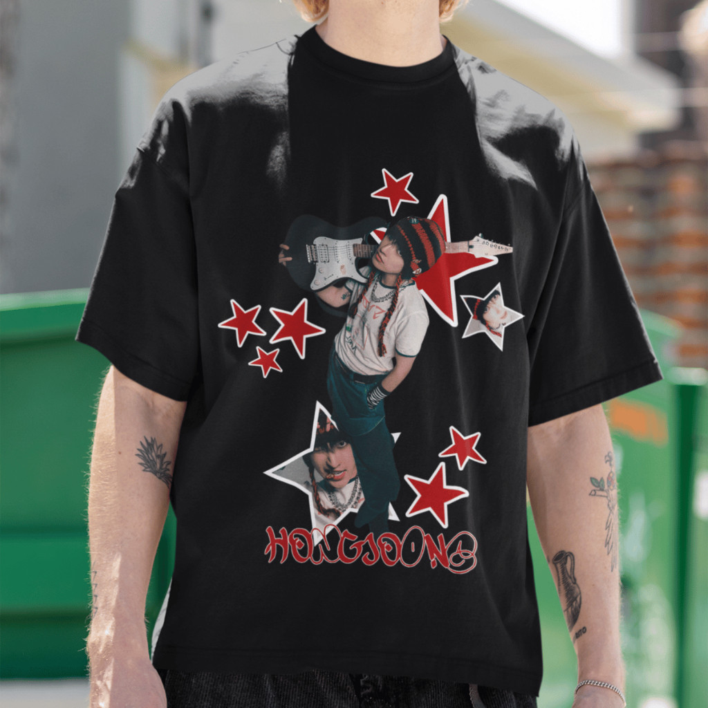 [Camiseta Vintage Masculina Algodão]HYP Camiseta Oversized Ateez Hongjoong Idol Kpop Tendência Jovem Blusa 100% Algodão