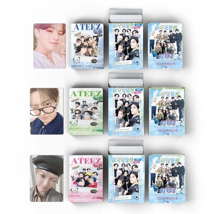 50PCS/Caixa ATEEZ Cartões Holográficos Laser LOMO Hongjoong Seonghwa Yunho Fotográficos Yeosang San Mingi Wooyoung Jongho Holograma Postais Envio Rápido YM
