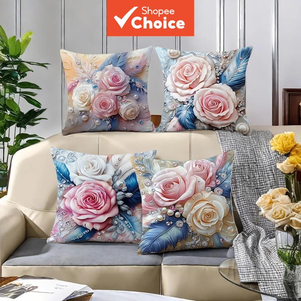 Capa de Almofada 4 Peças com Rosa Floral, Penas, Pérolas e Cristais