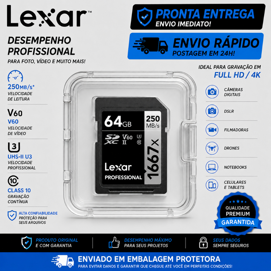 Cartão de Memória SD Lexar 32gb 64gb SDXC UHS-I 250MB/s Classe 10 U3 V30 4K UHD Full HD Para Câmeras Filmadoras Drones
