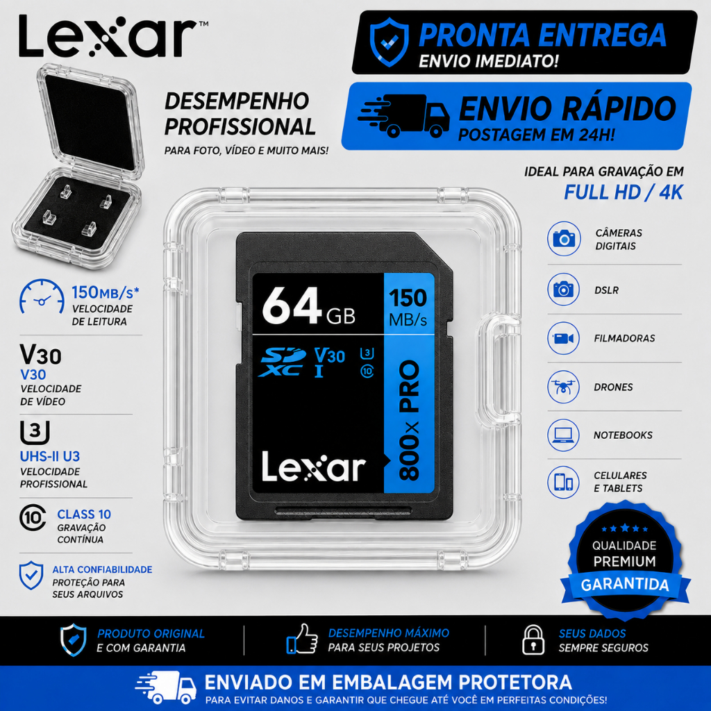 Cartão de Memória SD Lexar 32gb 64gb 128gb SDXC UHS-I 150MB/s C10 U3 V30 4K UHD Full HD Para Drones