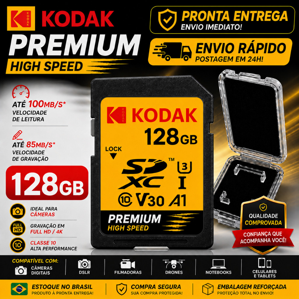 Cartão de Memória Kodak SD 32GB 64GB 128GB SDXC UHS-I 100MB/s C10 U3 V30 4K UHD Full HD para Drone