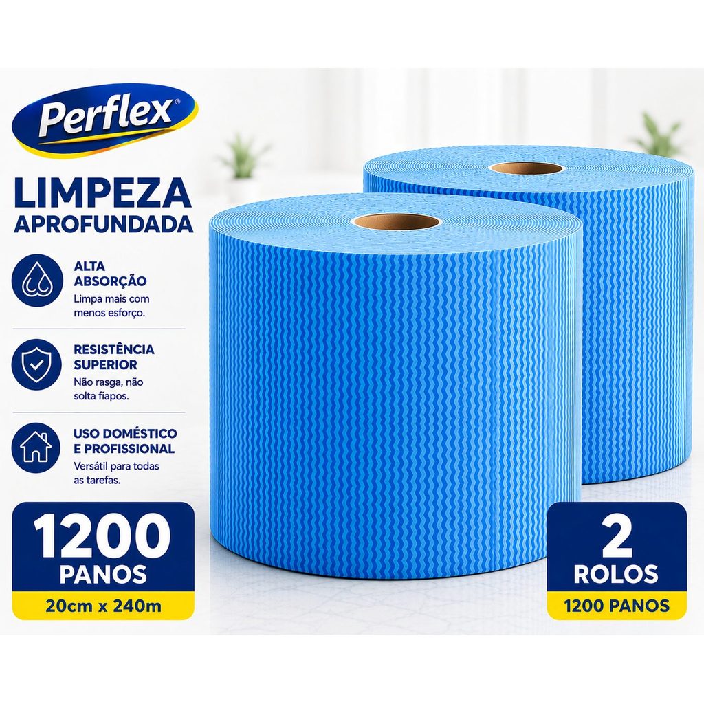 Kit 2 Rolo de Pano Perflex Multiuso AZUL de 20cm x 240m | 600 Panos para Limpeza e Faxina