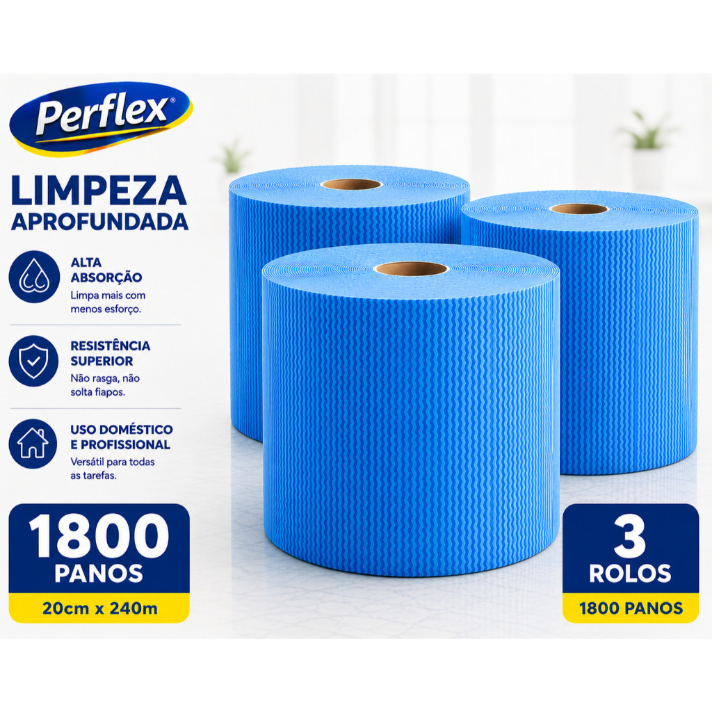 Kit 3 Rolos Pano Multiuso Tipo Perflex Azul 20cm x 240m 1800 Panos Talge