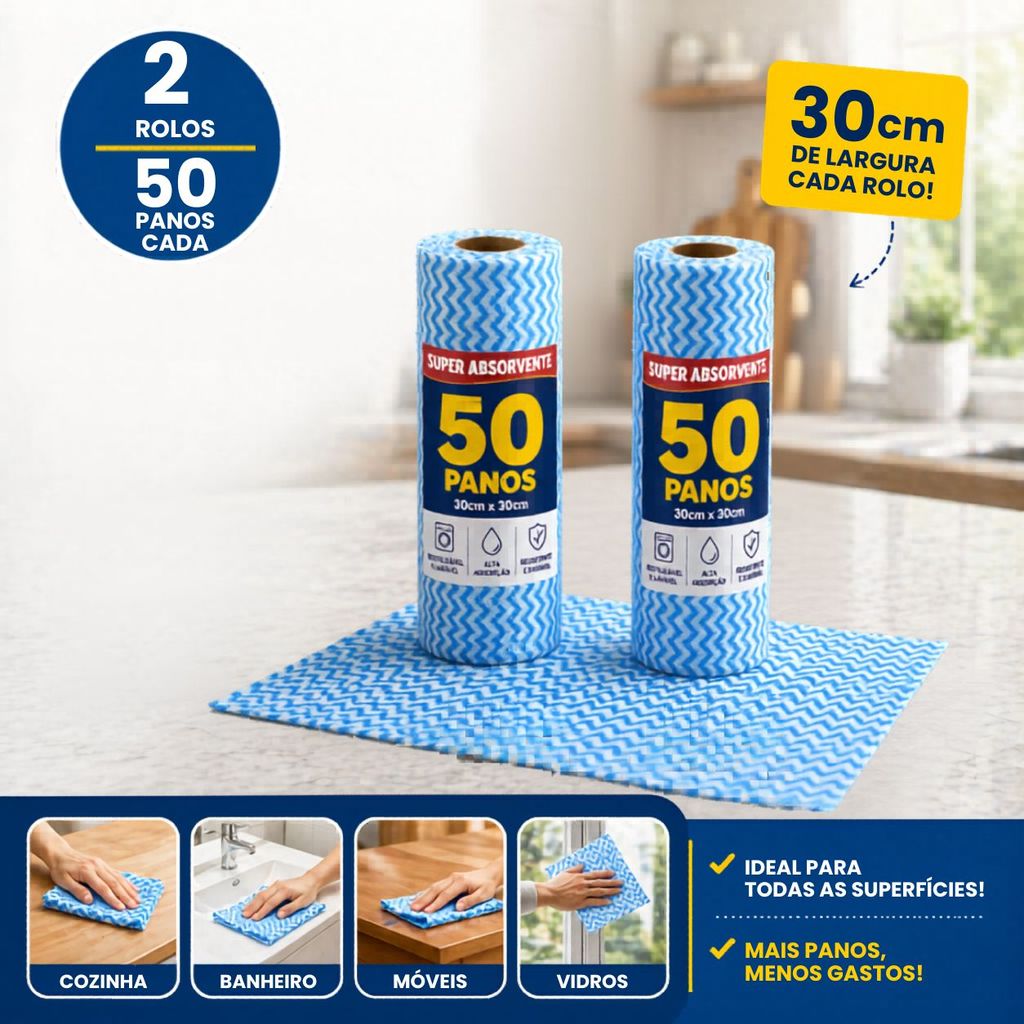 Perfex Kit 2 Rolos Bobina Pano Multiuso Tipo Perfex 30 Metros 50 Panos