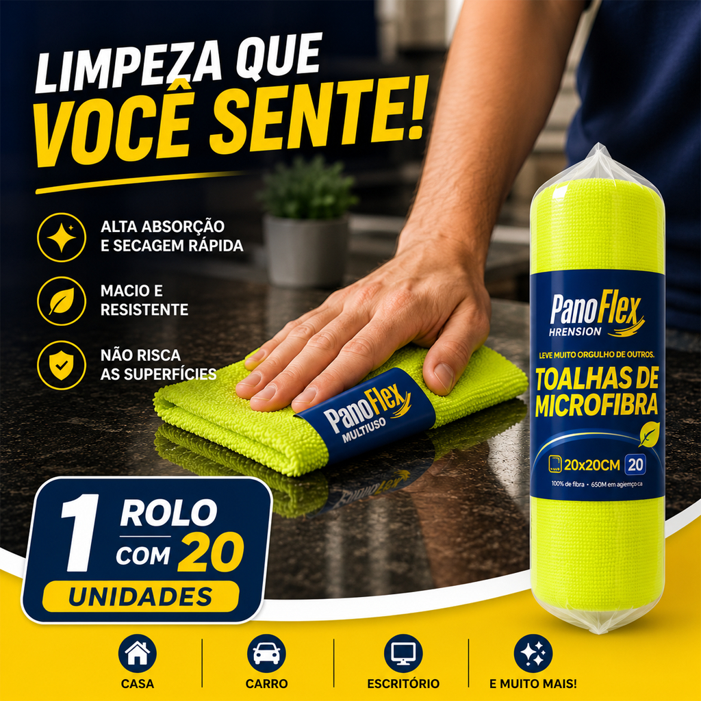 Kit Rolo C/20 Panos Microfibra Autopicotado Destacavel 20x20cm Reutilizavel