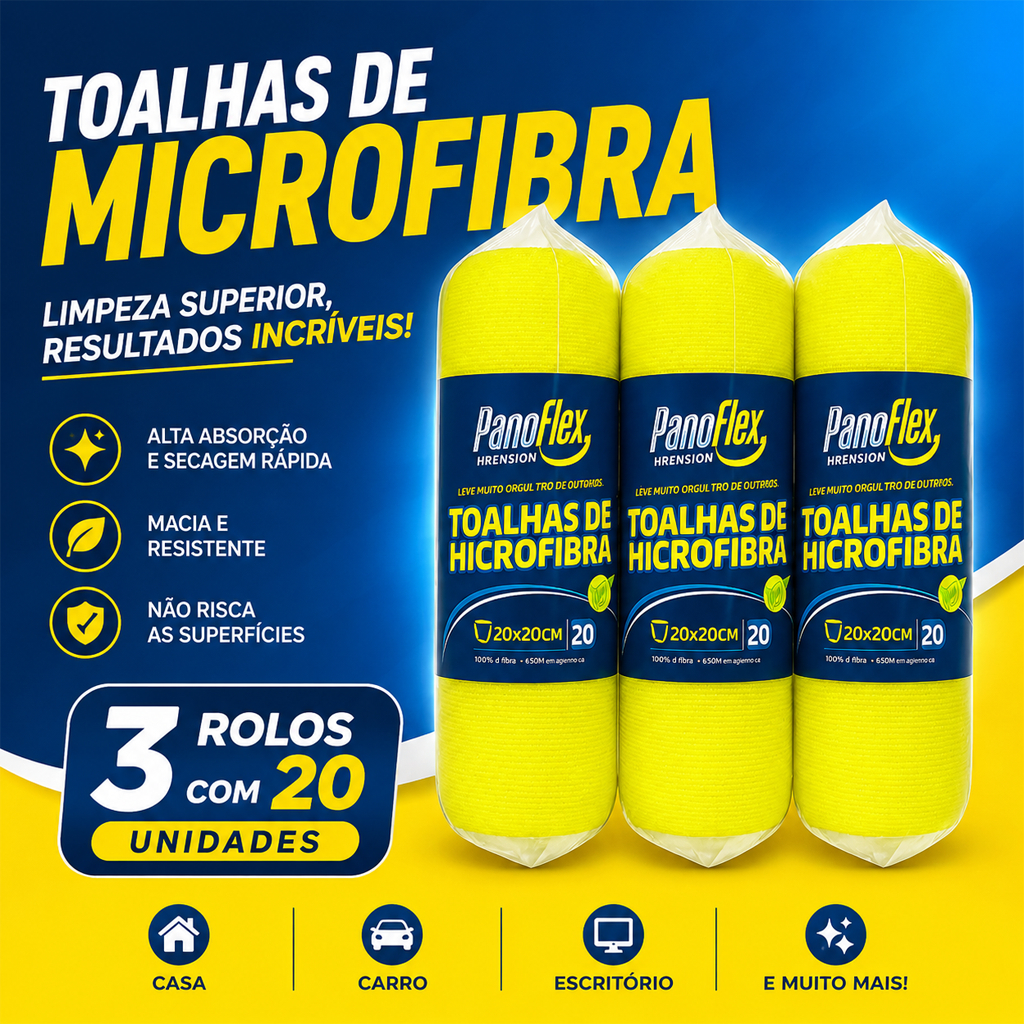 Kit 3 Rolos C/20 Panos Microfibra Autopicotado Destacavel 20x20cm Reutilizavel