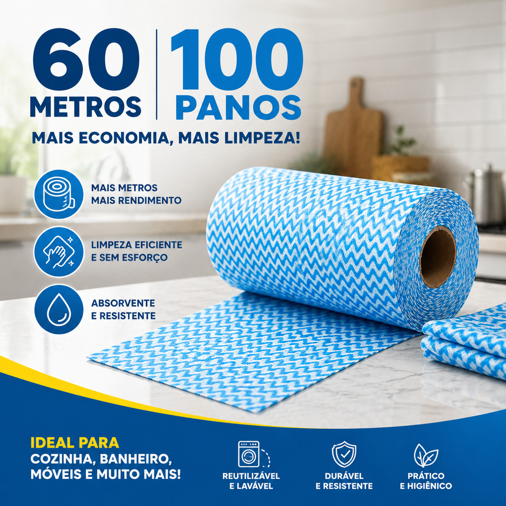 Kit 2 Rolos Bobina Pano Multiuso Tipo Perfex 30 Metros 50 Panos