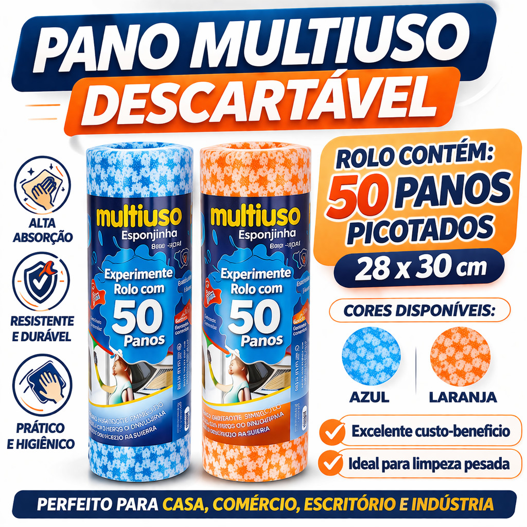 PANO MULTIUSO DESCARTAVEL KIT COM 02 ROLOS 100 PANOS 28X30 CM