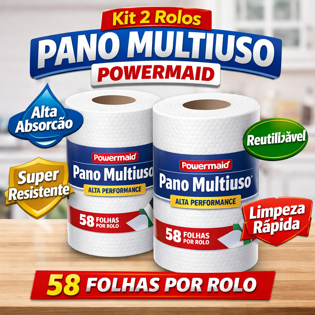 Kit 2 Rolos Pano Multiuso Powermaid 58 Folhas Cada | Alta Absorção, Resistente e Reutilizável