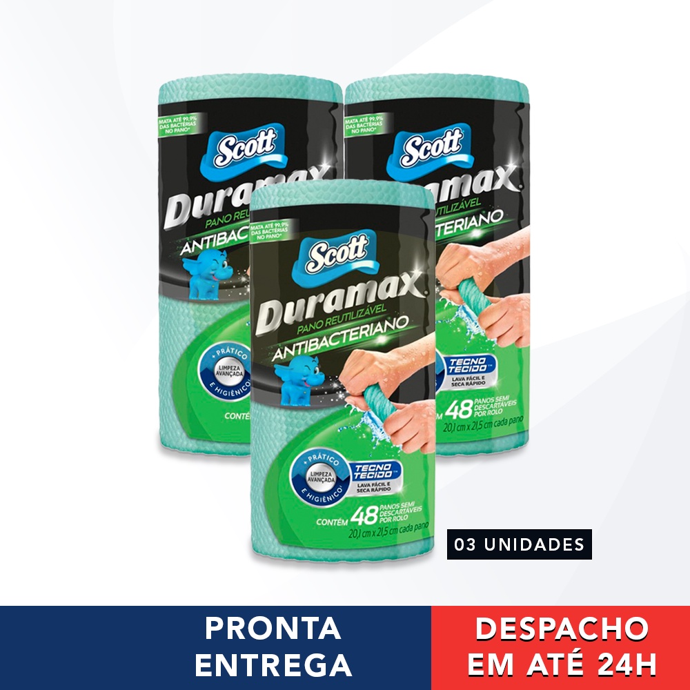 Kit 3 Duramax Antibacteriano Pano Reutilizável Elimina 99,9% Das Bactérias Rolo Verde Com 48 Unidades
