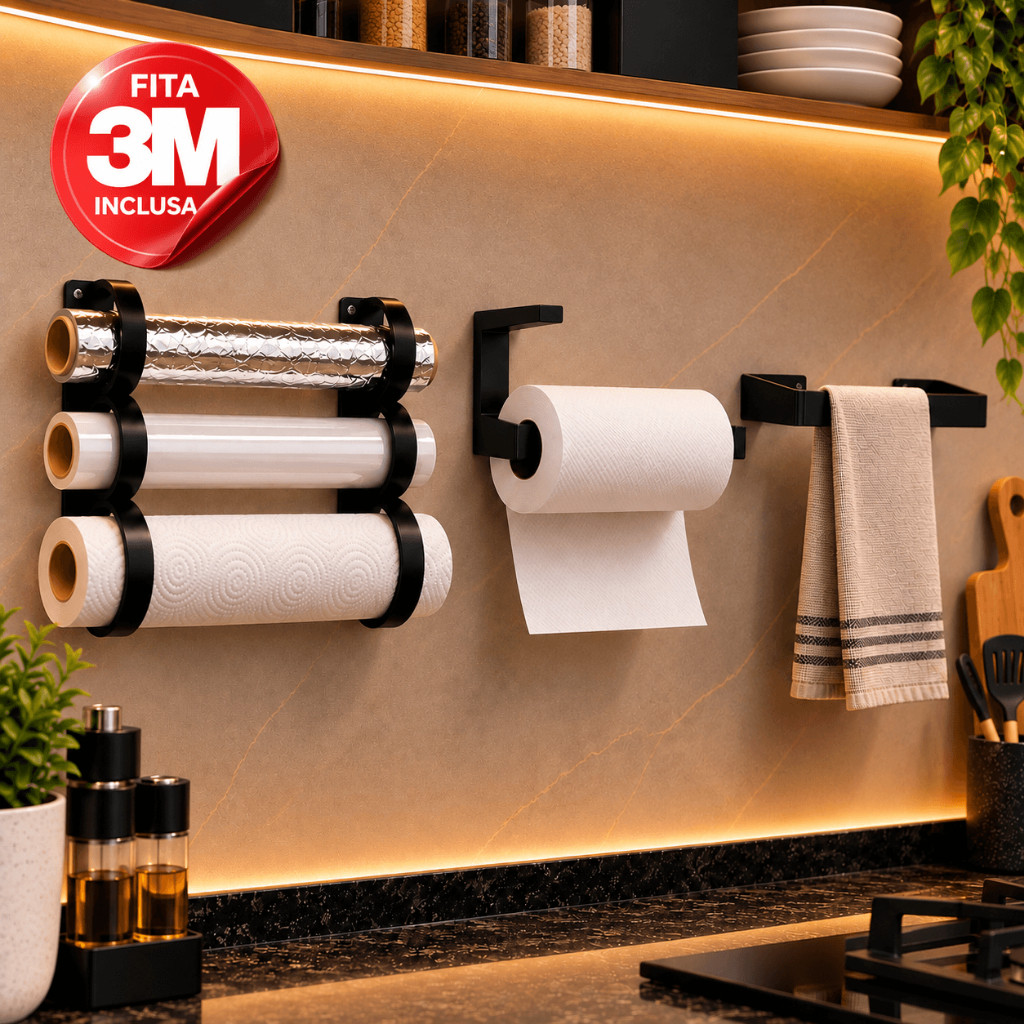 Kit Organizador de Cozinha 3 Peças Porta Rolos, Papel Toalha e Pano de Prato Com Fita 3M Sem Furo