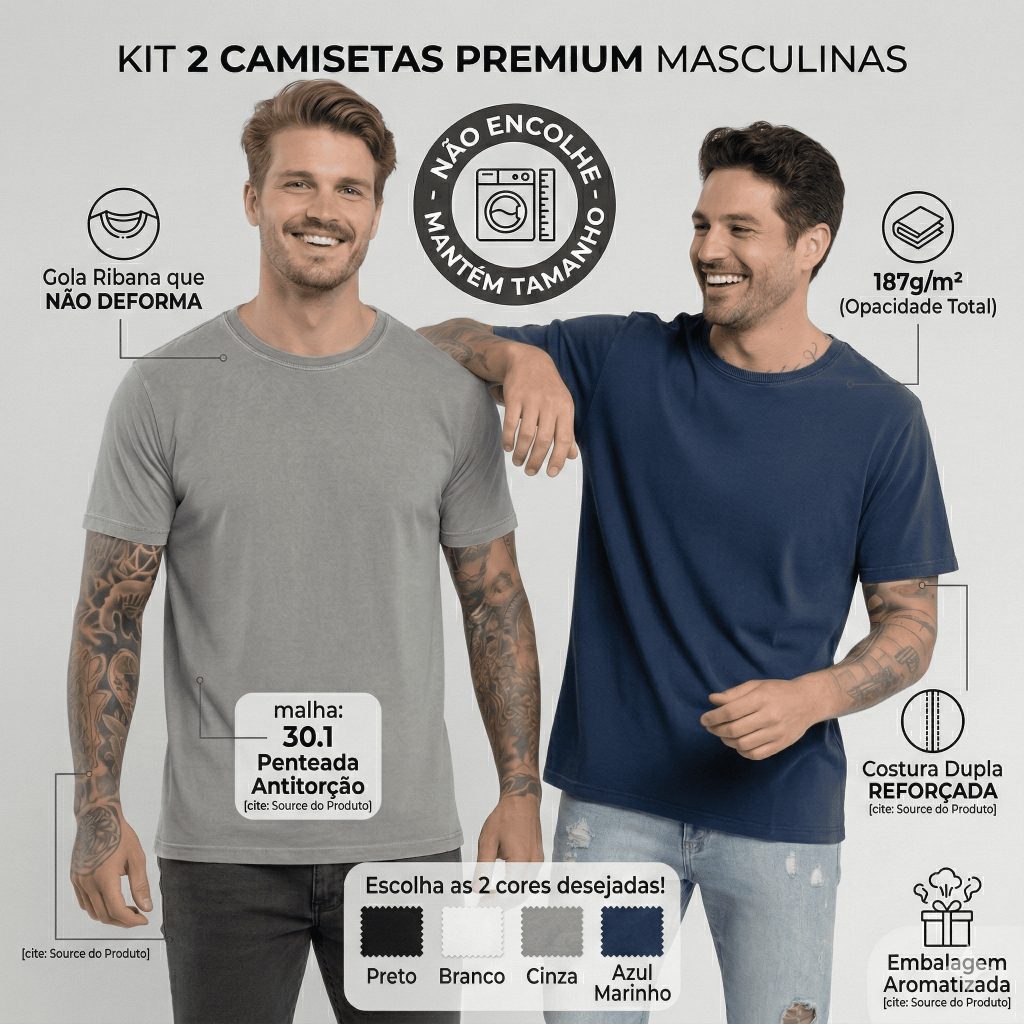 Kit Camiseta Masculina Algodão 100% Penteada Estonada Gola Careca Costura Reforçada Não Encolhe Macia