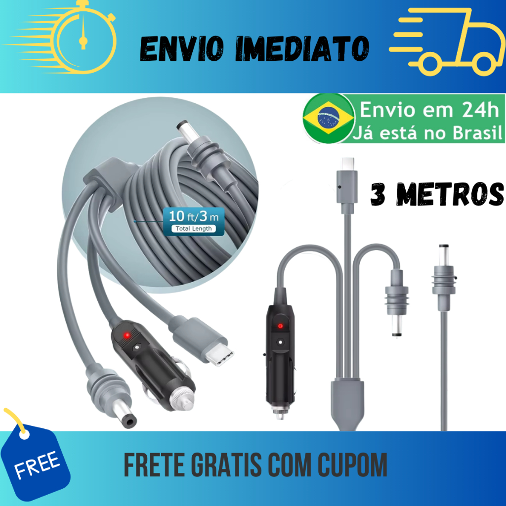 Cabo 3 em 1 Para Starlink Mini Usb-c 12v/24v DC 3 Metros Veicular Power Bank 100W À Prova Dágua