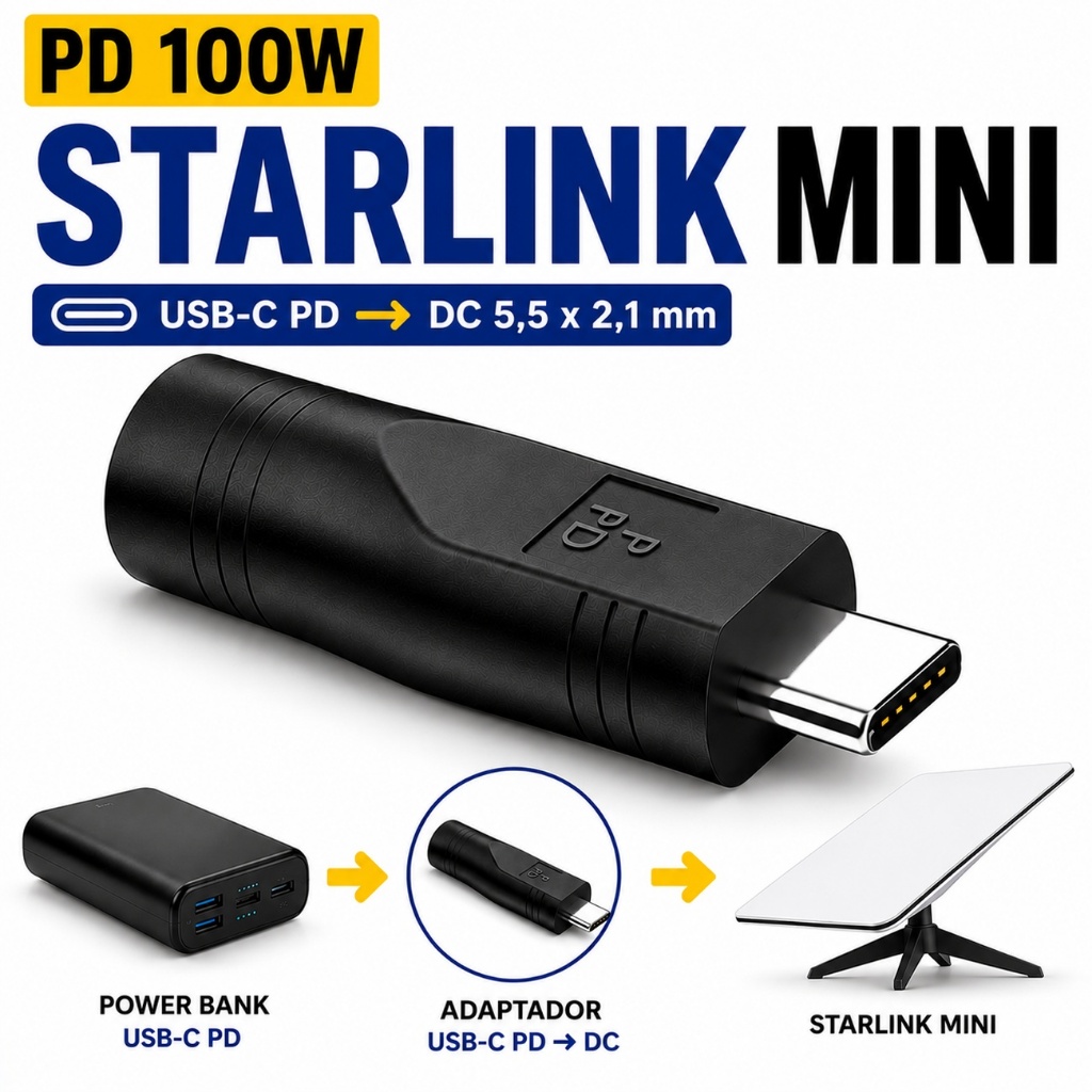Adaptador DC Para USB-C Starlink Mini Cabo Energia Powerbank PD 100W Prova De Agua Conector Outdoor.