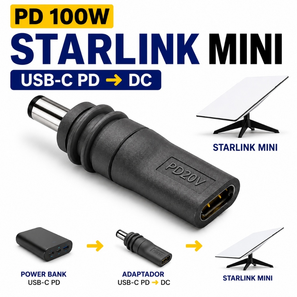 Adaptador Tipo USB-C Para DC Starlink MINI 20v 5A 100 Cinza Conector Plug Conversor Alimentacao Cabo