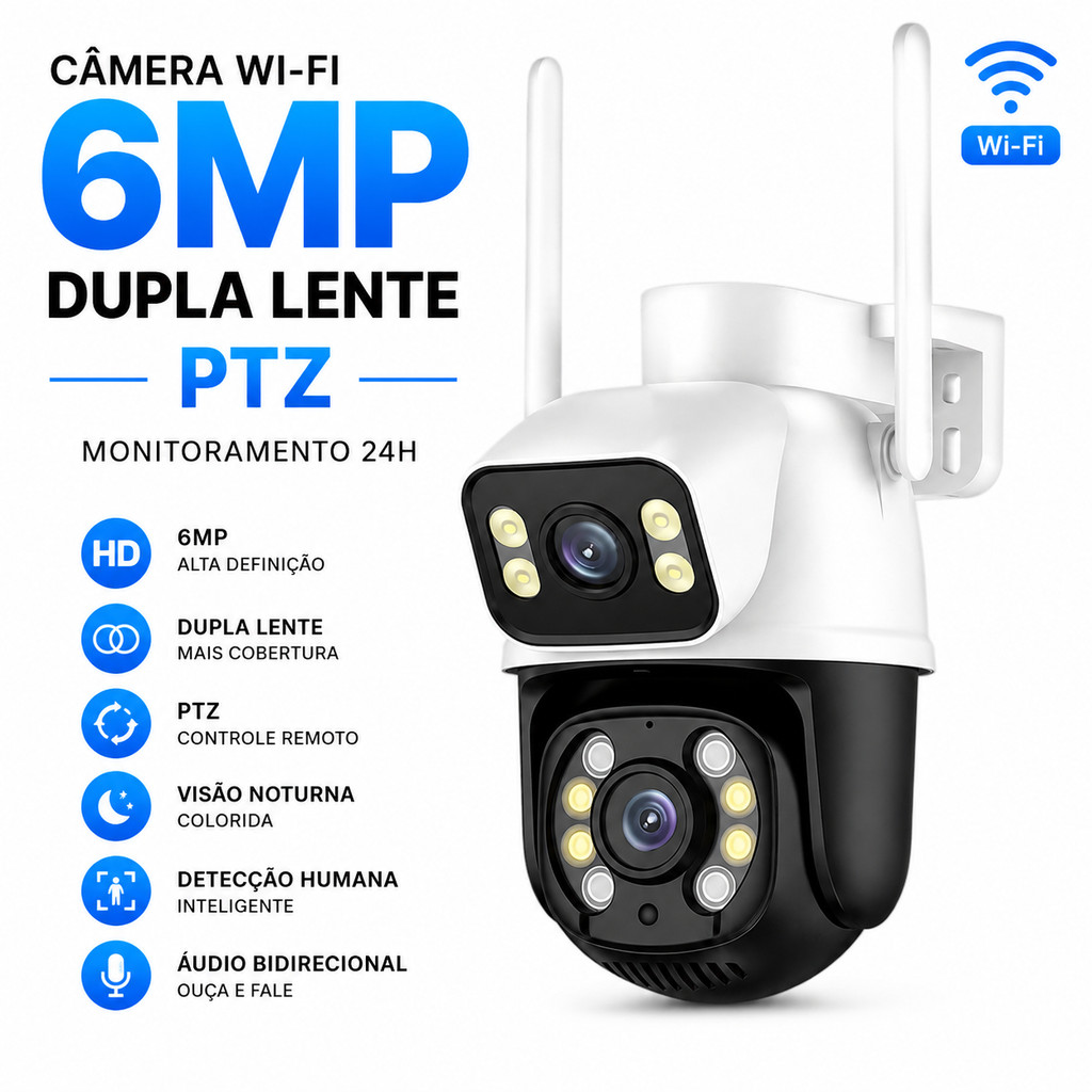 Câmera Segurança WiFi 6MP Dupla Lente PTZ Visão Noturna Detecção Humana