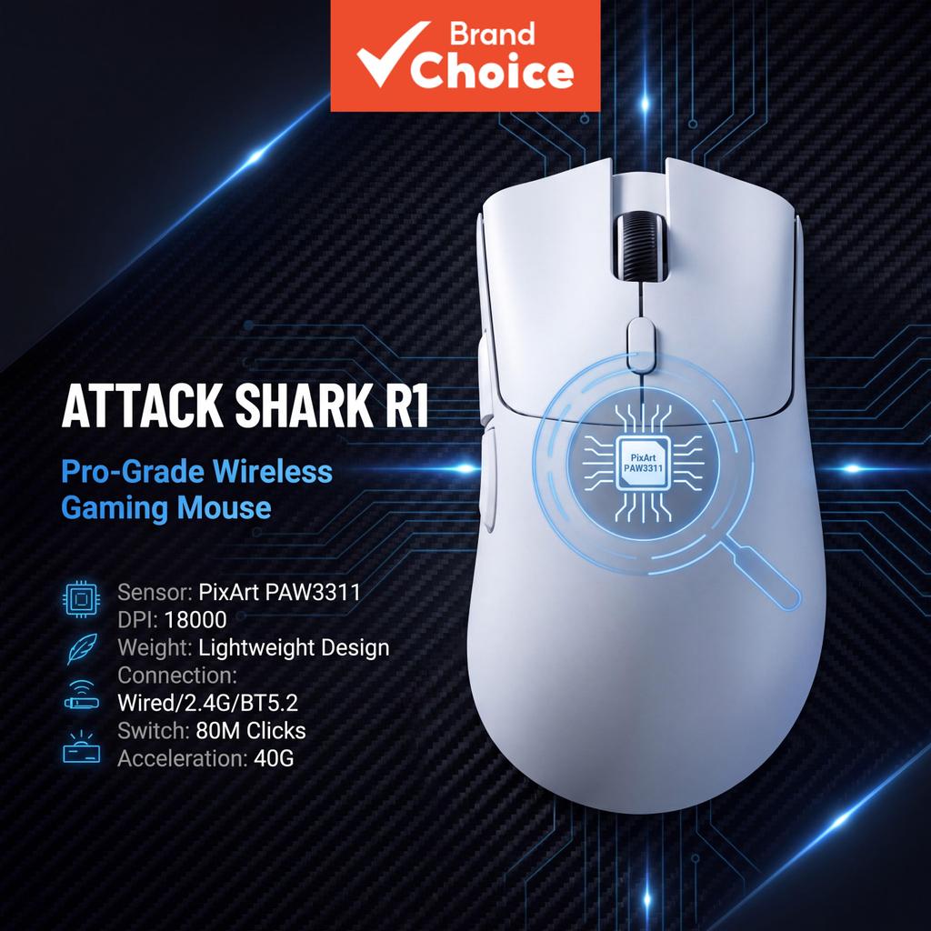 Mouse Gamer Attack Shark R1 PixArt PAW3311 Sensor Óptico 18000 DPI Máximo Velocidade de Rastreamento 400IPS