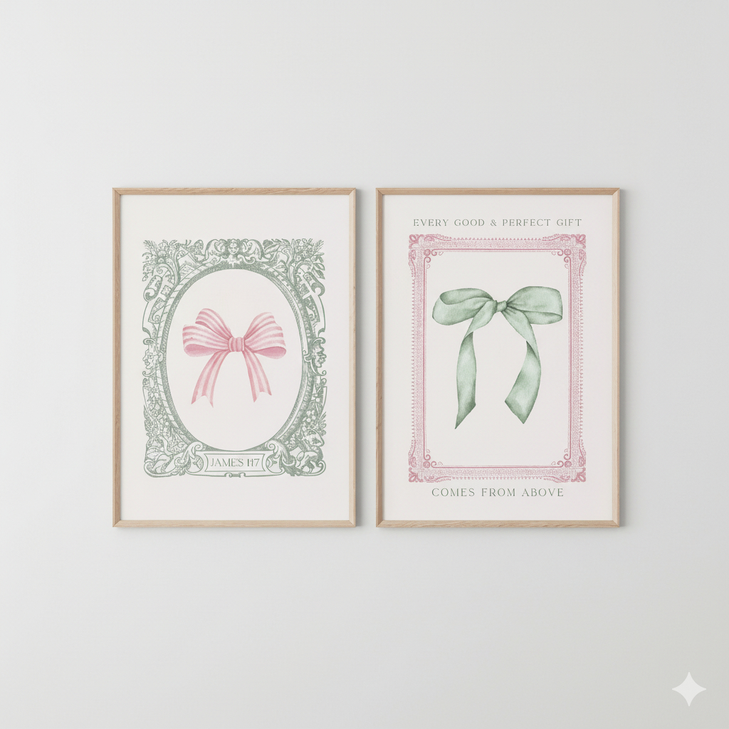 Quadros decorativos Laços Rosa e verde vintage vibes (2 peças)