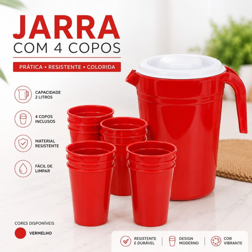 Kit Jarra 1,8 Litros com 5 Copos | Kit Resistente de Plástico | Ideal para Água, Suco e Refrigerante