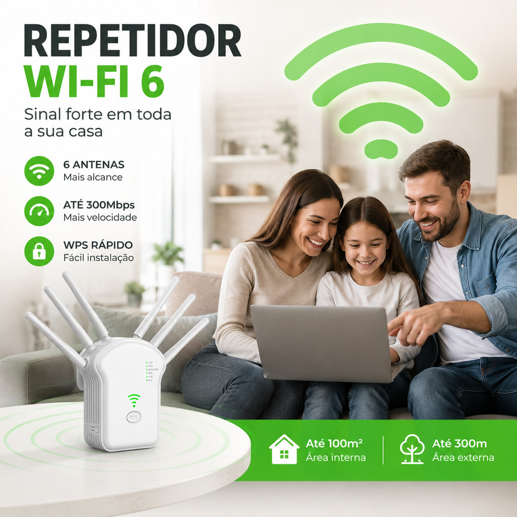 Repetidor WiFi 6 6 Antenas 300Mbps Amplificador de Sinal WPS Roteador