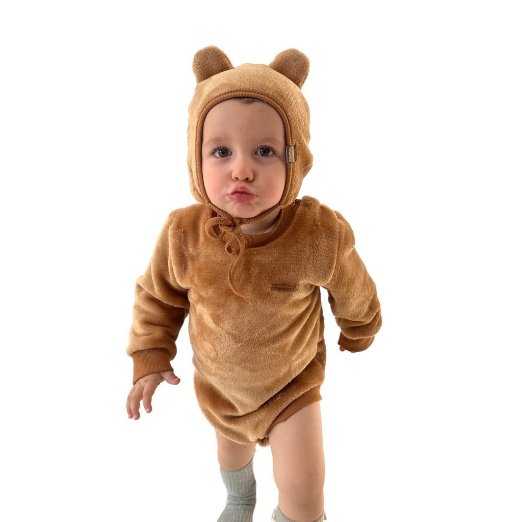 Kit Body + Touca Fleece Peluciado Inverno Bebê Quentinho P/ Frio