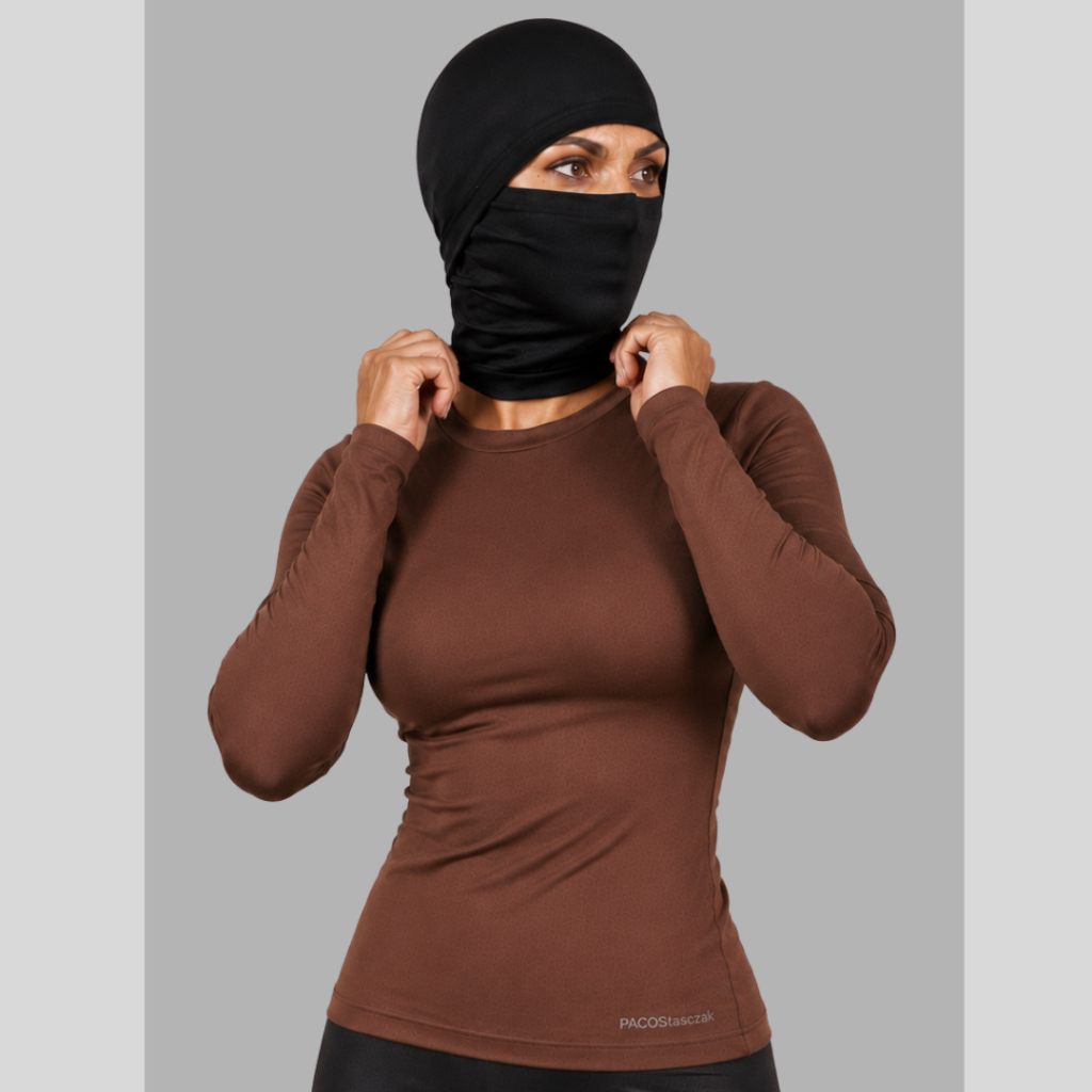 Kit Camiseta Manga Longa Peluciada Feminina com Touca Balaclava Articulada para Motoqueiros
