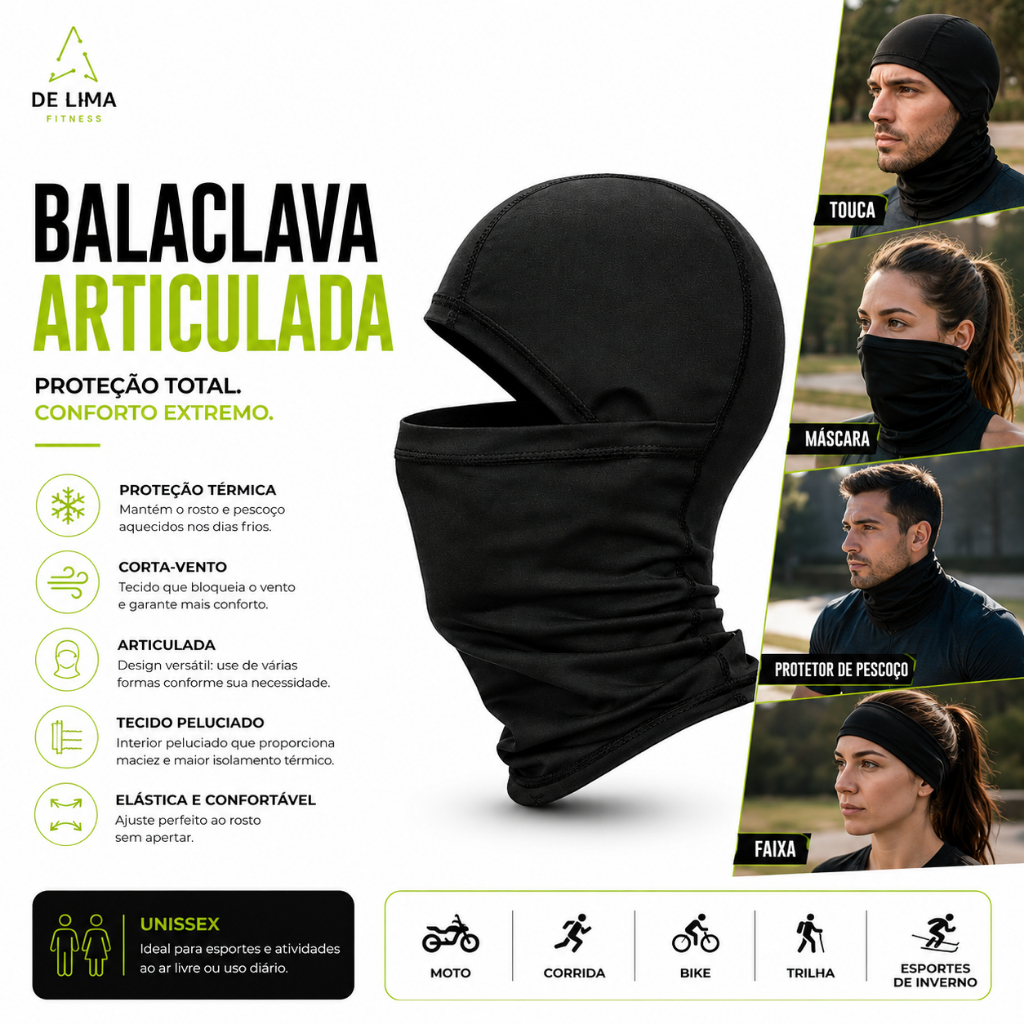 Touca Balaclava Articulada Preta Unissex Touca Ninja Peluciada para Frio Andar de Moto Capacete