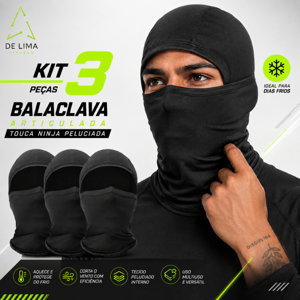 Kit 3 Balaclava Touca Articulada Preta Unissex Lote 3 Touca Ninja Peluciada para Frio Andar de Moto