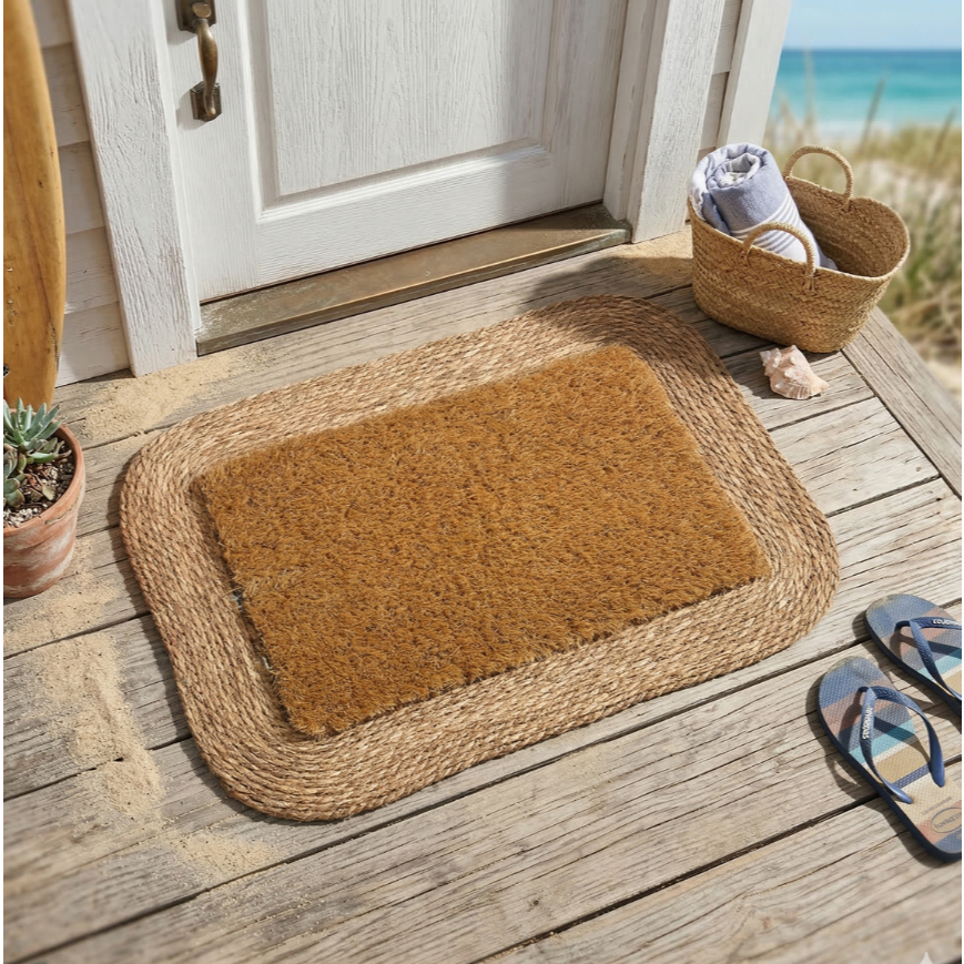 Tapete Entrada Natural 60x80cm Rope Liso Antiderrapante Alto Padrão Fibra + Grama Decorativo Casa De Praia Kapazi