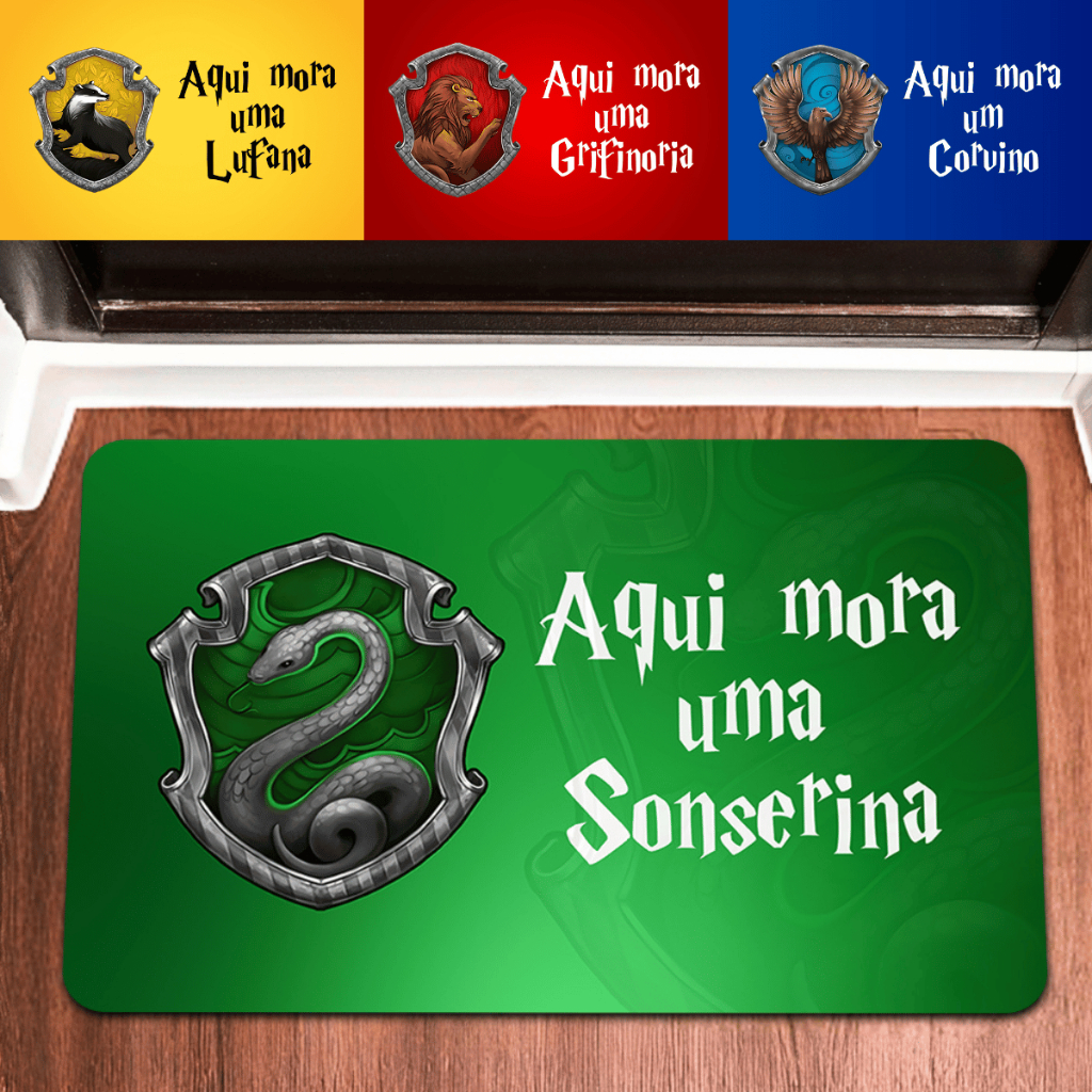 Tapete de Entrada Decorativo Harry Potter Anti Derrapante Casas de Hogwarts Sonserina 55x35cm