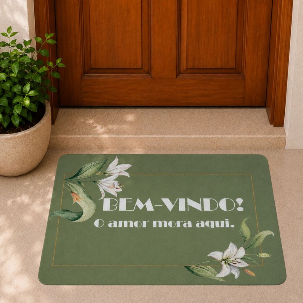 Tapete Decorativo para Porta Bem Vindo O Amor Mora Aqui Entrada 40x60cm Antiderrapante Aconchegante