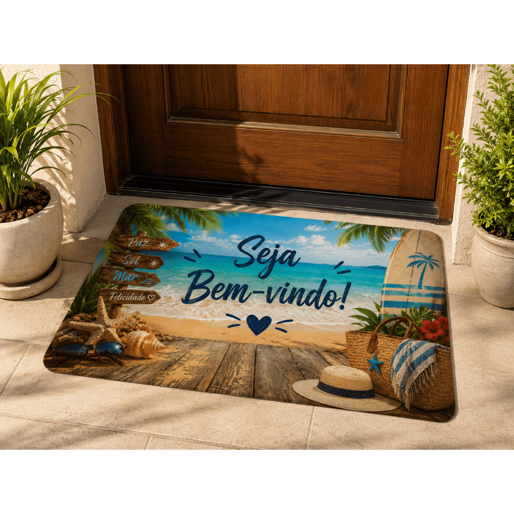 Tapete de Porta Praia Verão 40x60 Antiderrapante Lavável Decorativo