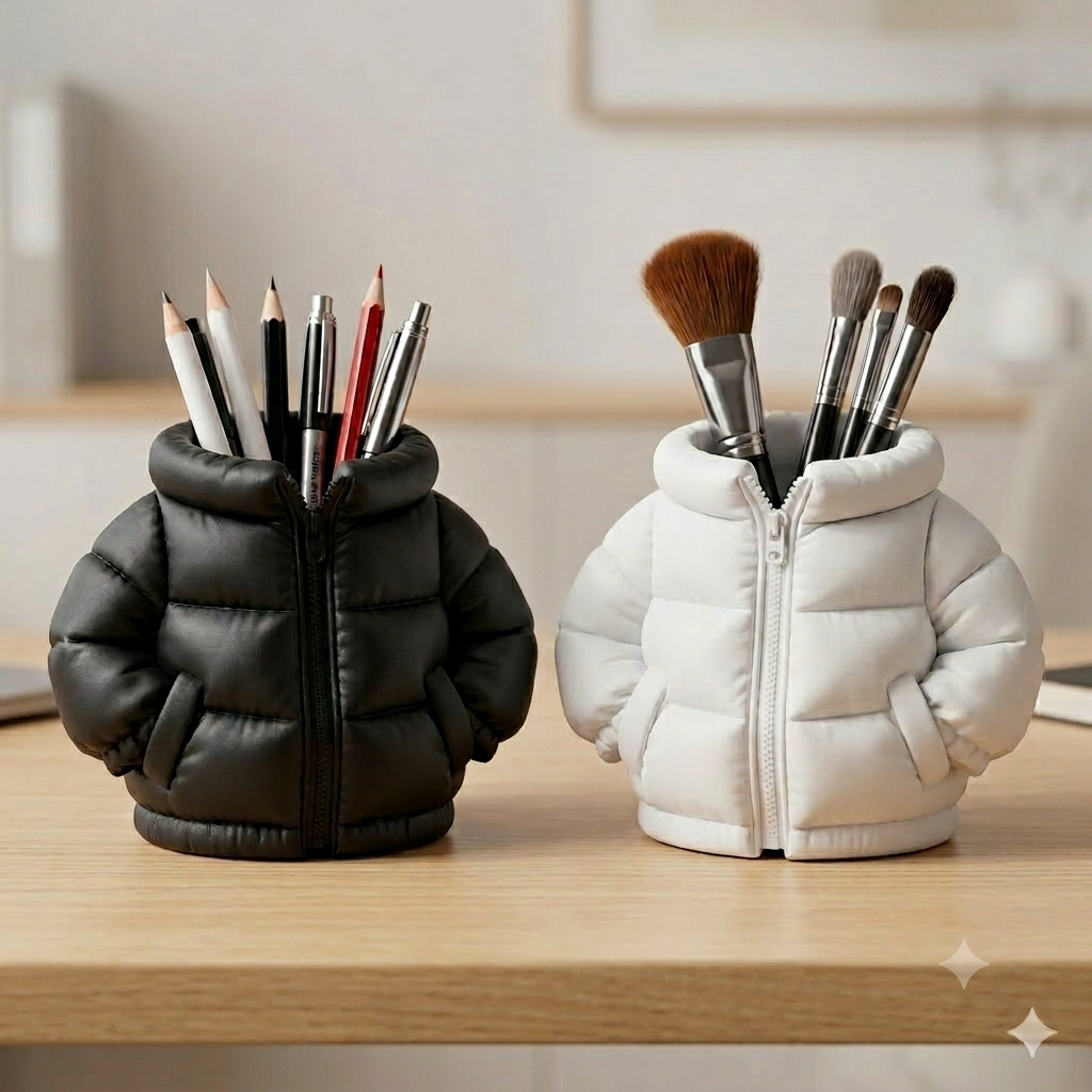 Porta Canetas Treco Maquiagem Pincel Criativo Mini Jaqueta Puffer Organizador Mesa quarto Escritório