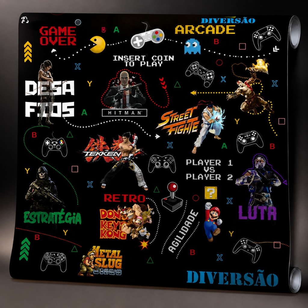 Papel De Parede Adesivo Gamer Arcade Geek Retrô Quarto Setup Lavável Games Decoração Infantil Adulto