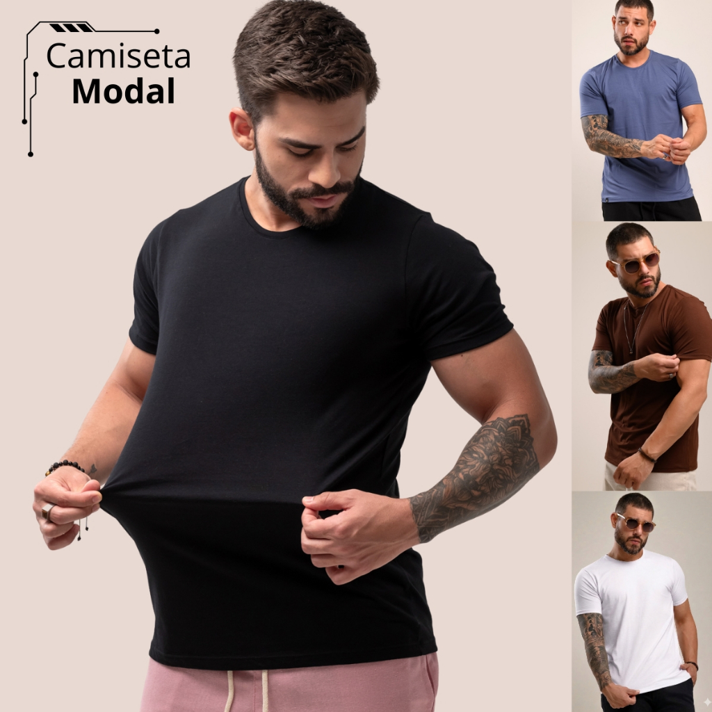 Camiseta Masculina Modal T-Shirt Camisa Básica Elastano Super Premium Não amassa Anti Odor