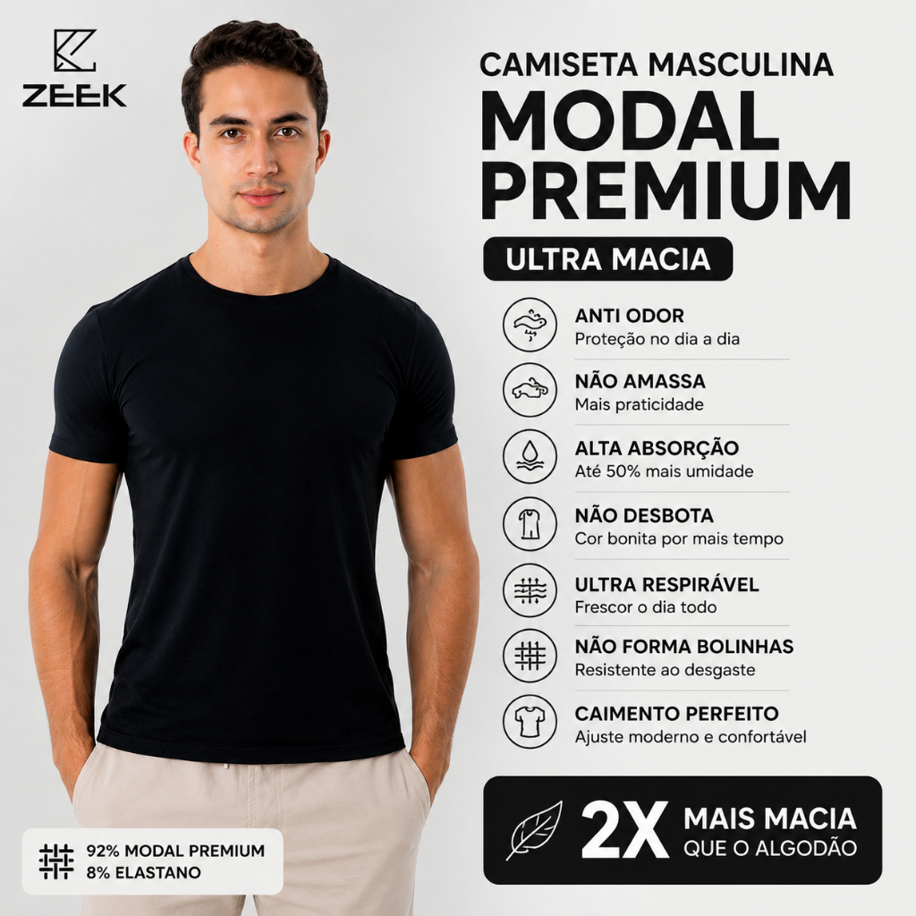 Camiseta Masculina Modal Premium com Elastano Tech Anti Odor Não Amassa Básica Gola Redonda ZEEK