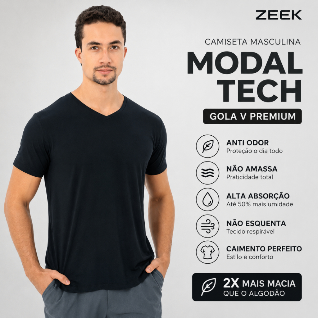Camiseta Masculina Modal Gola V Premium Anti Odor Não Amassa Ultra Macia com Elastano ZEEK