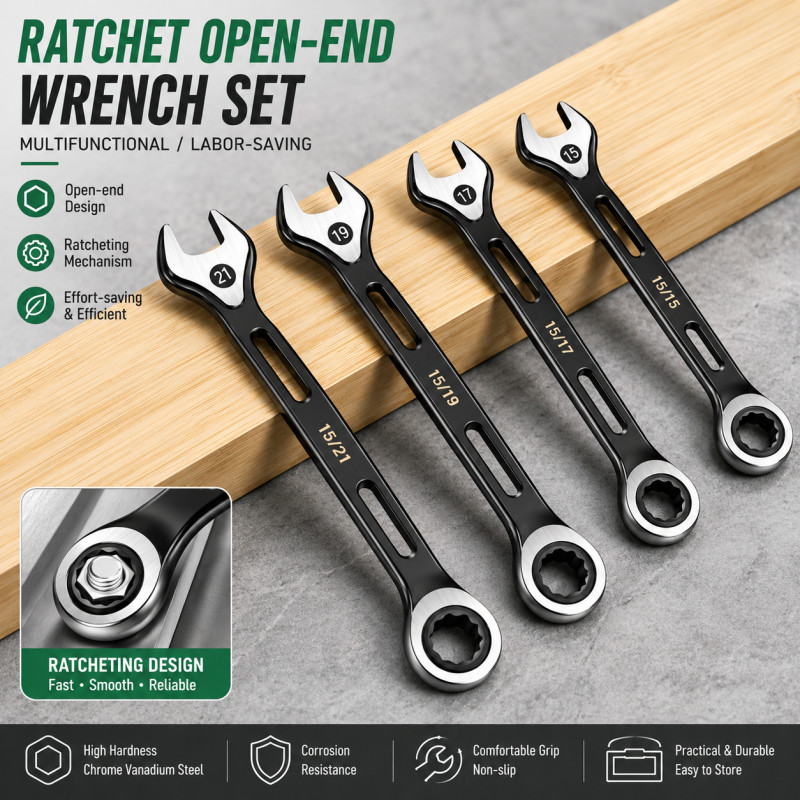 2-in-1 Hollow Ratchet Wrench, Quick 72T Open End Box Spanner with Reversible Dual Head for Tight Sp
