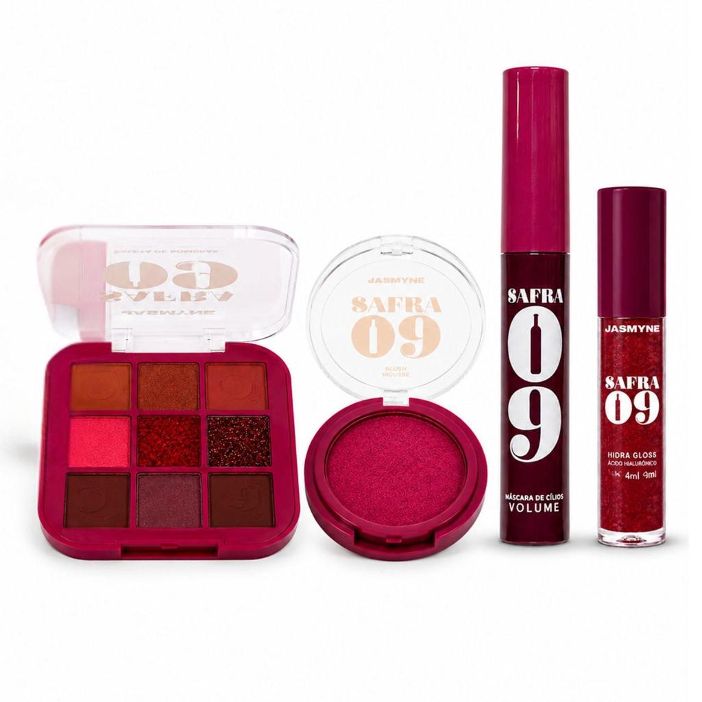 Kit Jasmyne Safra 09: Paleta De Sombras + Blush Mousse Rosado, Máscara De Cílios E Hidra Gloss Frambroesa