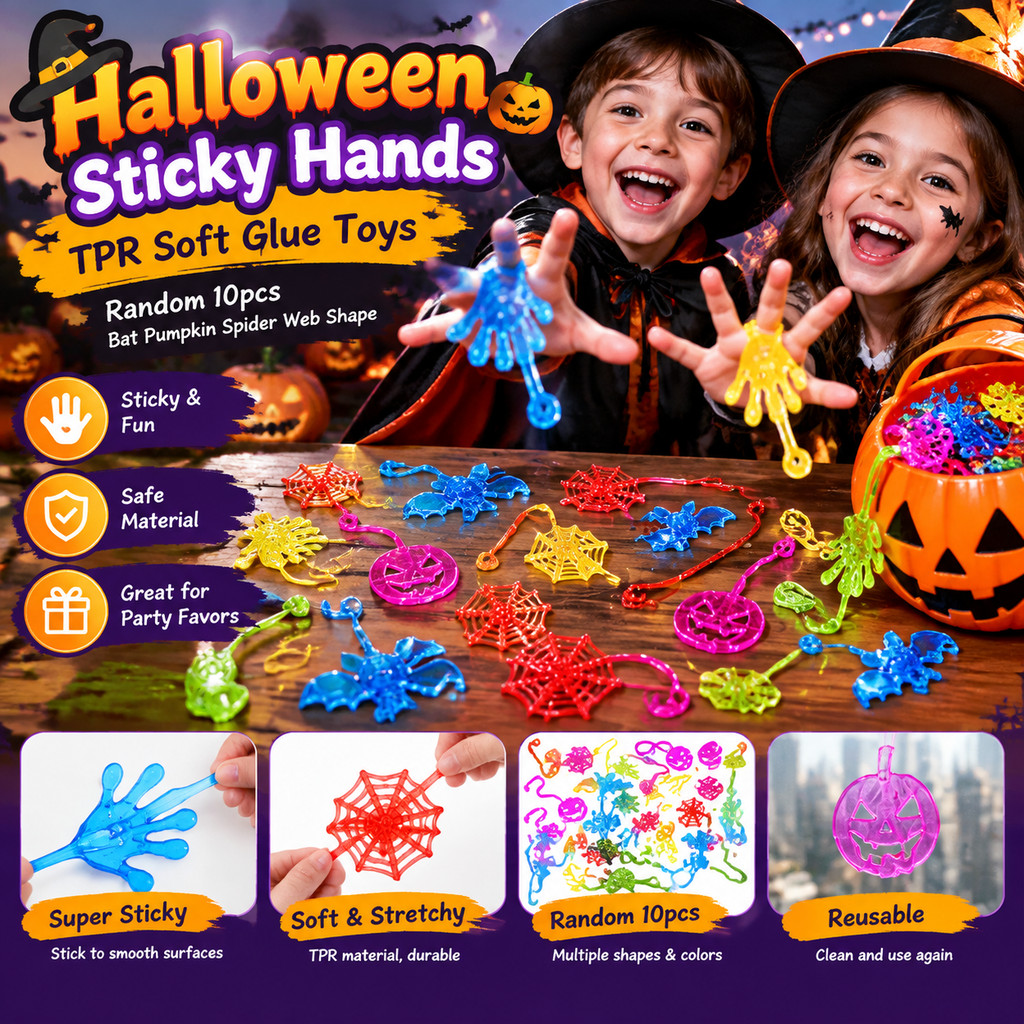 Halloween Mãos Pegajosas TPR Cola Macia Brinquedos Aleatórios 10 Pçs Morcego Abóbora Aranha Web Forma Alívio Do Estresse