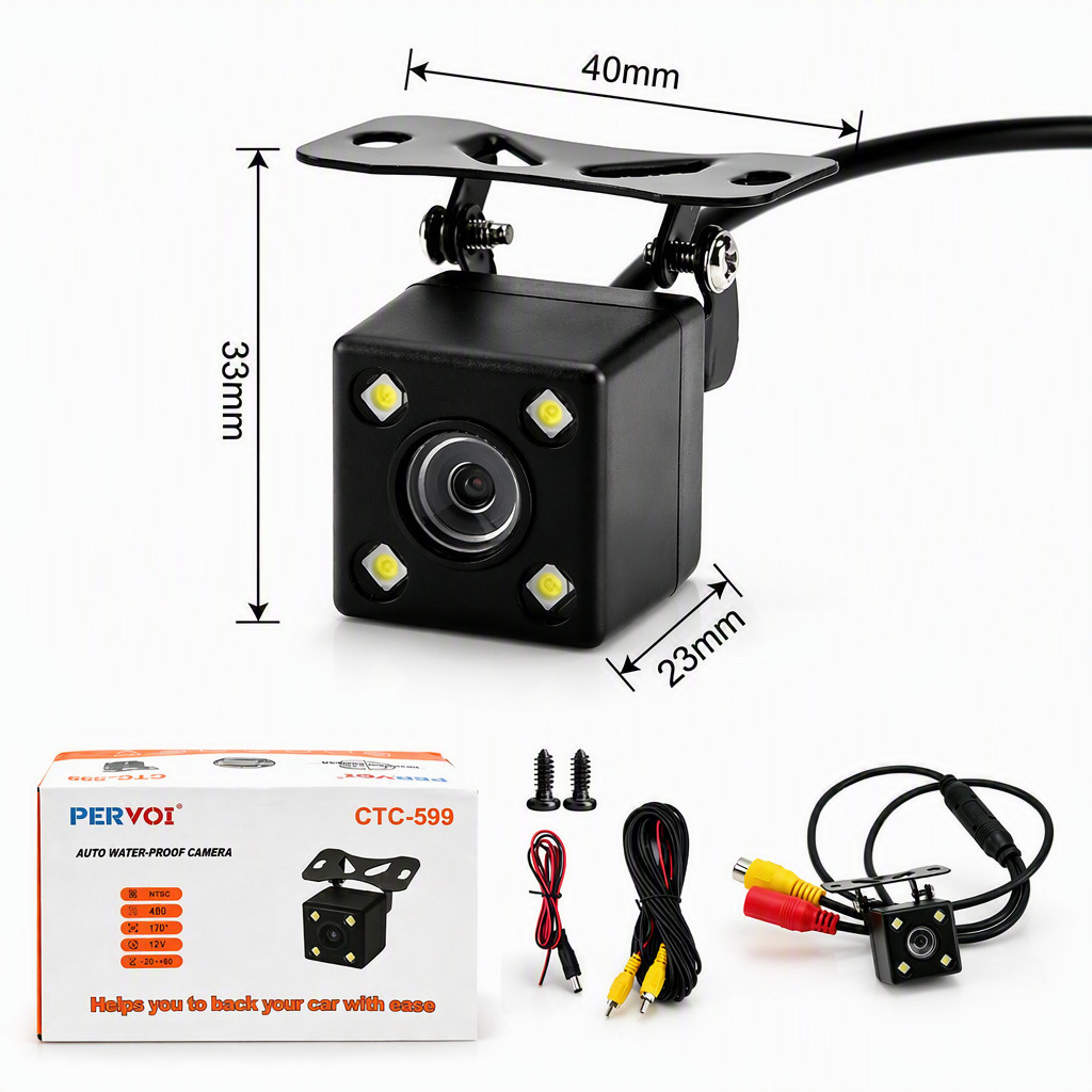 Camera de Re Quadrada 4 LEDs Universal para Multimidia Monitor Carro Plug and Play